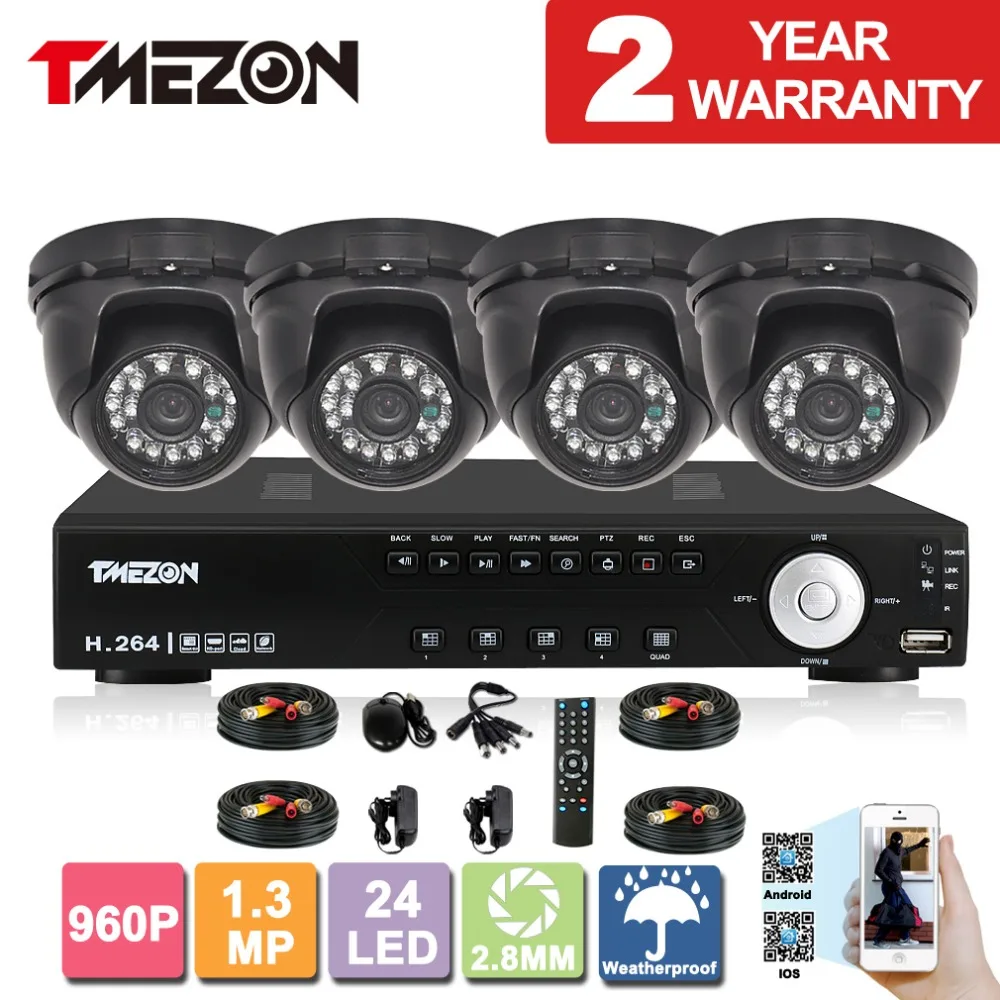 Tmezon AHD 4CH 1.3MP 960P CCTV Home Security Surveillance System 4pcs Outdoor Waterproof Night Vision Dome Camera Alarm Set