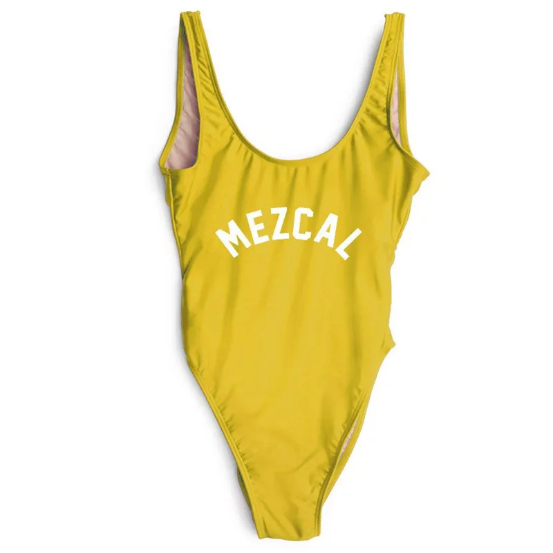 

MEZCAL Letter Print Swimwear One Piece High Waist Funny Swimsuit Thong Yellow Bathing Suit Beach Wear Bikini SQUAD Monokini