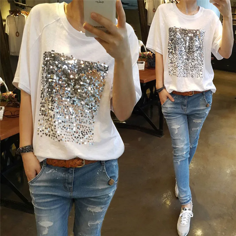 

2018 Sexy Women T Shirt Female Short Sleeve O Neck Sequin Casual Loose T Shirt Plus Size high quality