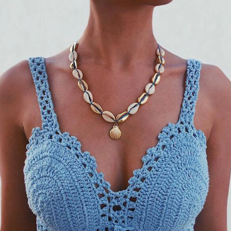 

Tocona Boho Beach Ocean Shell Blue Rope Seashell Pendant Necklace For Women Summer Handmade Gold Conch Choker Necklace C05306