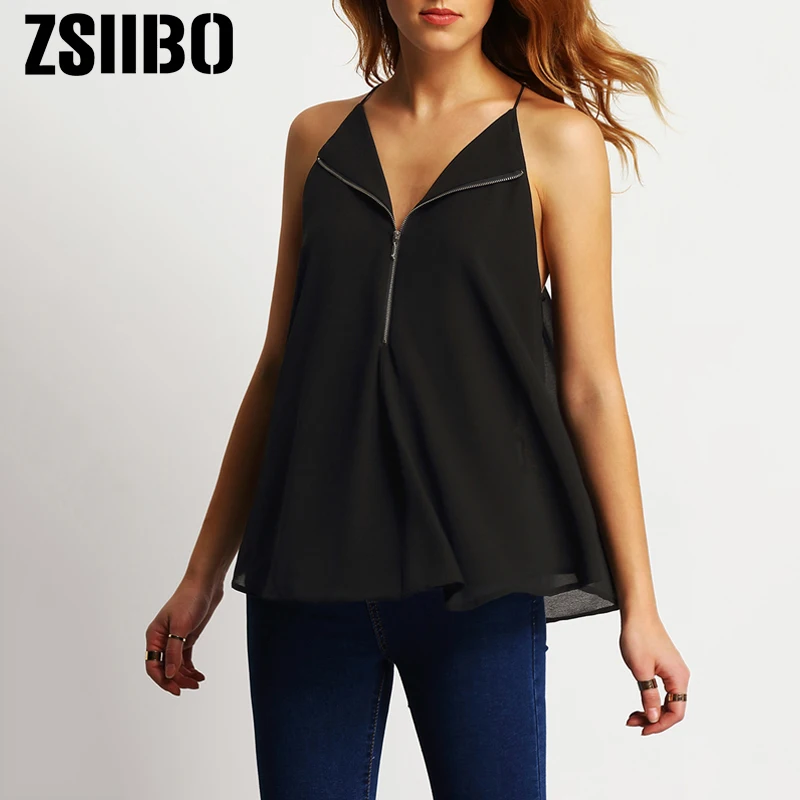 

Zipper Up Women Blouse Casual Sleeveless Sling Chiffon Shirt Sexy V Neck Backless Vest Top Plus Size Women Clothing