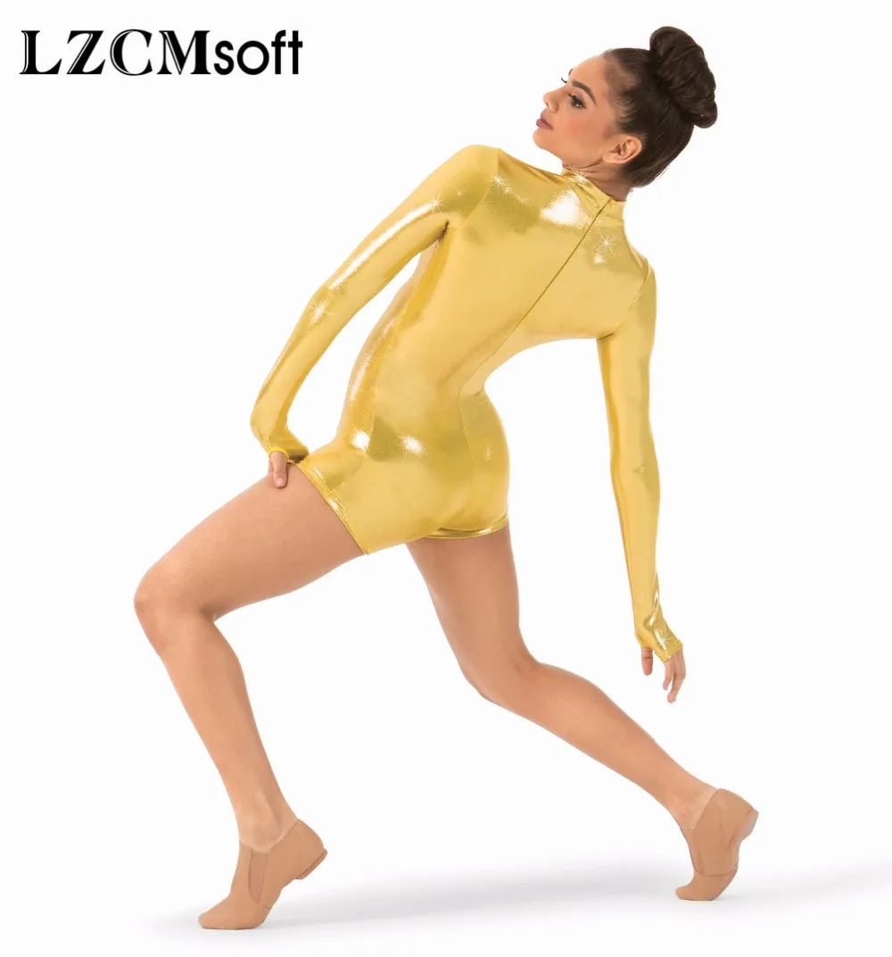 LZCMsoft блестящие металлические бикетарды с длинным рукавом, цельные боди с мокром эффектом, женские костюмы для гимнастики, сценического представления