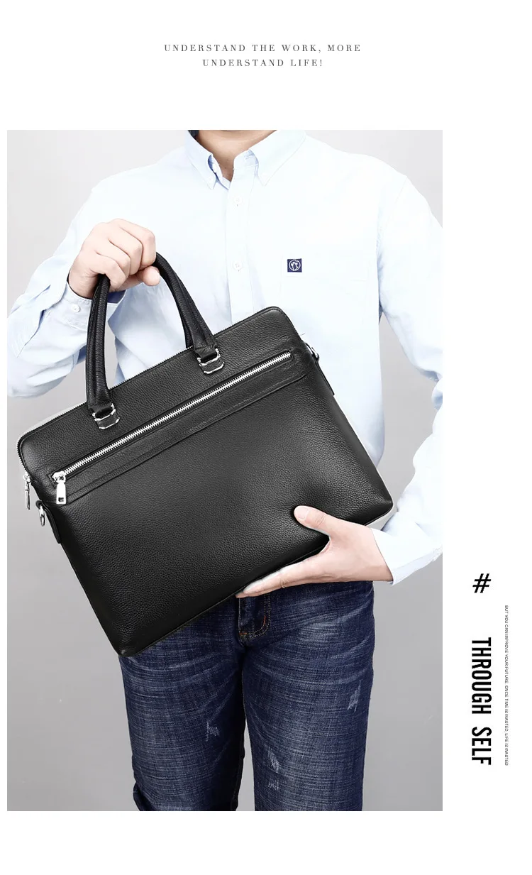 Мужской портфель из натуральной кожи на молнии, деловая сумка через плечо, кожаная двухслойная деловая сумка для ноутбука