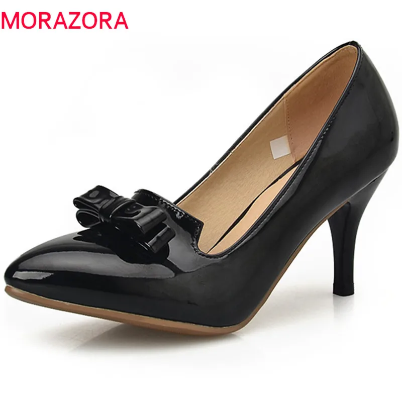 

MORAZORA new summer spring sexy women pumps high heels pointed toe with butterfly knot slip on patent leather women shoes
