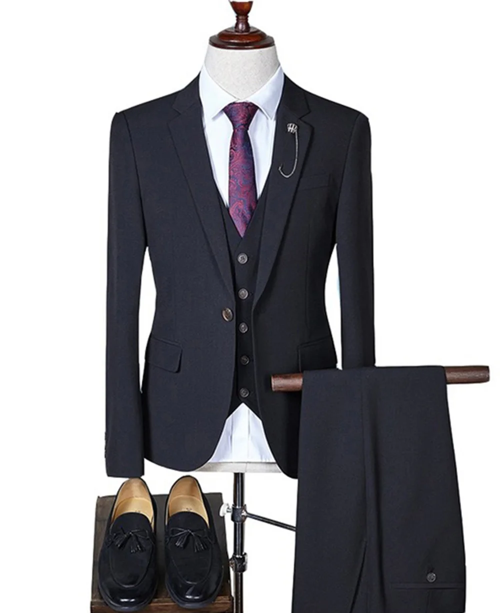 Мужские костюмы Slim Fit серый/белый/шампань три предмета костюм деловой пиджак жениха смокинги для свадьбы вечер(Блейзер+ жилет+ брюки - Цвет: Black