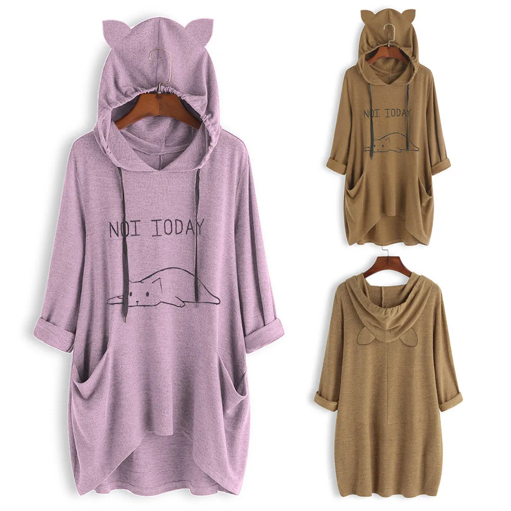 

Women Casual Lying Cat Printed Long Sleeve Cat Ear Hooded Sweatshirt Pocket Tops harajuku hoodies sudaderas mujer 2018 Dropship
