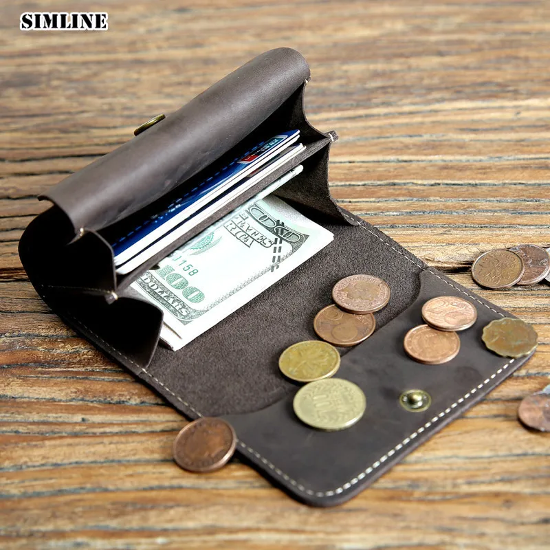 

SIMLINE Genuine Leather Men Wallet Vintage Handmade Crazy Horse Cowhide Short Wallets Purse Card Holder With Coin Pocket Male