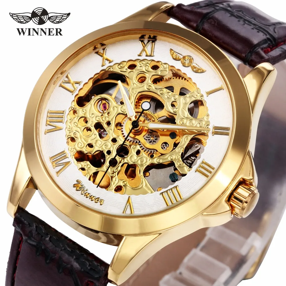

WINNER Women Fashion Automatic Mechanical Watch Leather Band Delicate Hollowed Dial Roman Number Design Top Brand Wristwatch
