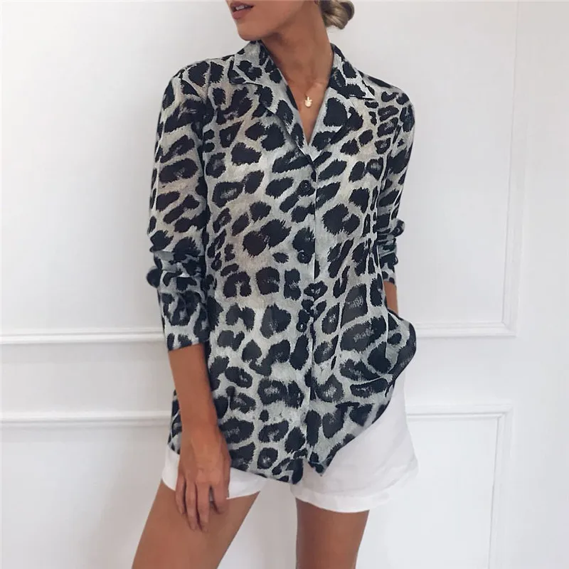 

Summer Chiffon Blouse Long Sleeve Sexy Leopard Print Shirt V Neck Work Office button Tunic Casual Plus Size streetwear 2019 new
