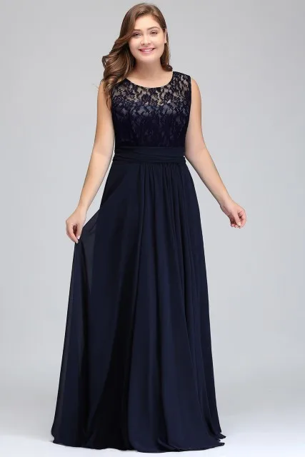 Шифоновое длинное вечернее платье размера плюс элегантное вечернее платье с кружевной аппликацией без рукавов - Цвет: Navy Blue