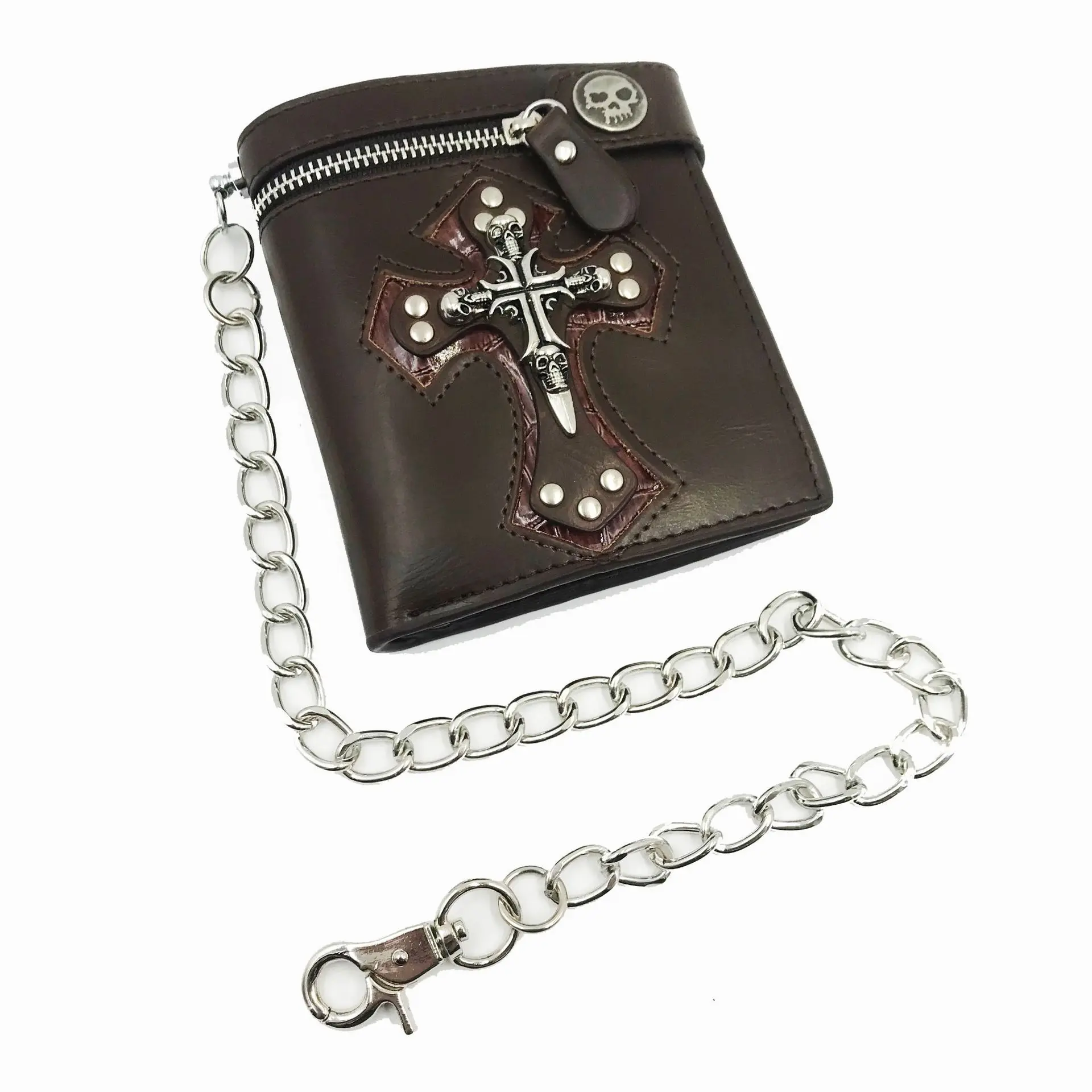 

Punk Skull Cross Short Wallets Men Leather Gothic Retro Coin Purse With Chain Rivets Mini Wallet Card Holder Hasp Purses WA01