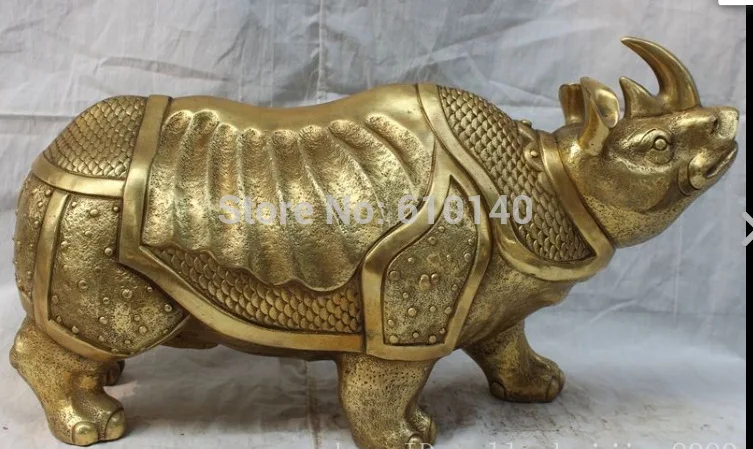 

18" Folk Chinese Brass FengShui Bull Ox Horn Rhino Rhinoceros Statue Animals