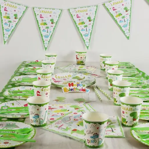 

Dinosaur Party Tableware Kits Paper Cups Plate Staw Dinosaur Banner Birthday Party Decoration Kids boy Party Supplies