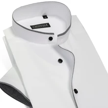 Мужской короткий рукав воротник с лентой с черной окантовкой платье рубашка Летняя умная Повседневная приталенная хлопковая тонкая однотонная мужская рубашка