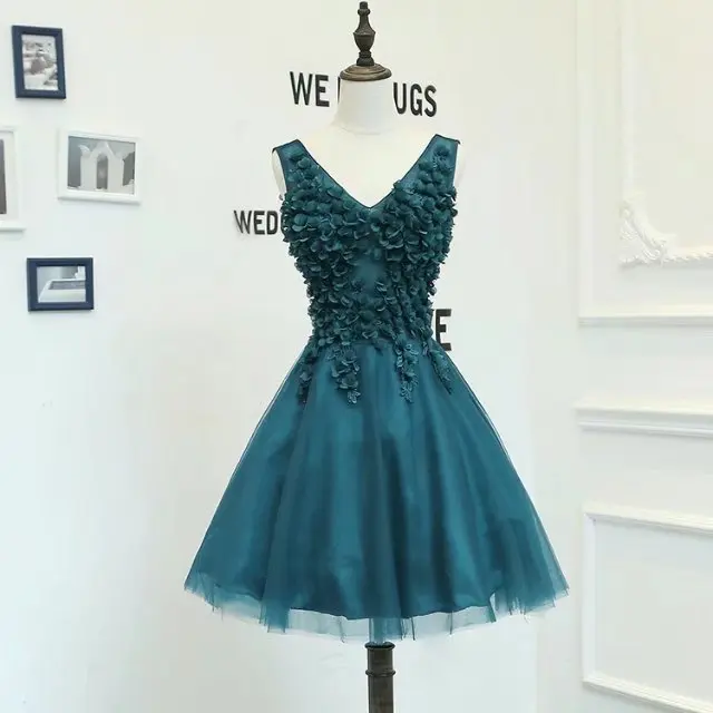 Fotos reais folais florais azul pavao vestido de formatura curto с цветами и листьями Павлин синие Бальные платья Короткие