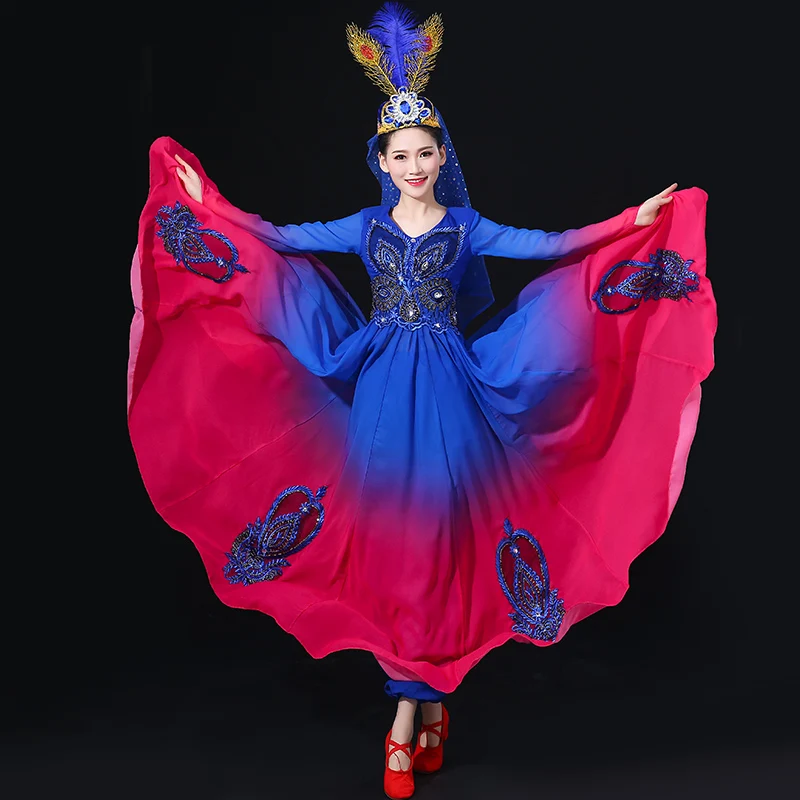 Мусульманское танцевальное платье для индийского танца Синьцзян женский костюм для танцев Uygur представление костюм Китайский народный