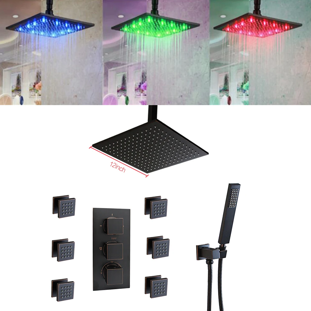 12" ORB Black Bass LED Shower Head Bathroom Thermostatic Set With 6pcs