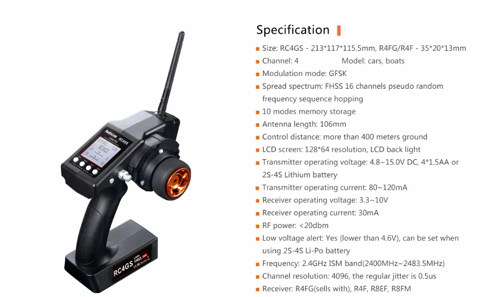 Радиолинк 4 канала RC4GS/RC4G 2,4G 4CH пистолет контроллер передатчик+ R6FG гироскоп внутри приемник для RC автомобиля Baja RT лодки Rx