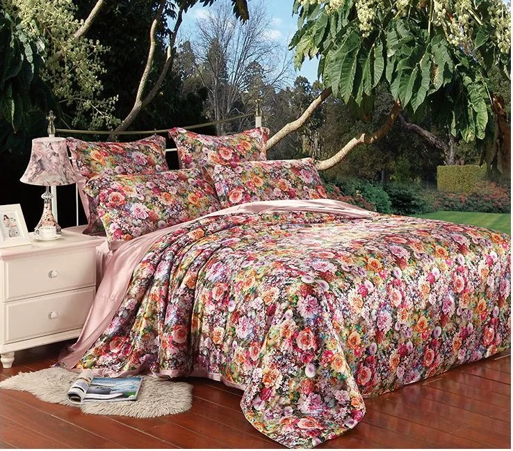 Floral flower silk bedding set for queen king size duvet cover