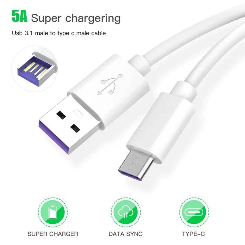 

5A USB C Supercharge Cable Fast Charging Type-C Super Charger For Huawei P30 Pro P20 Lite For Xiaomi Redmi Note 7 Data Cord