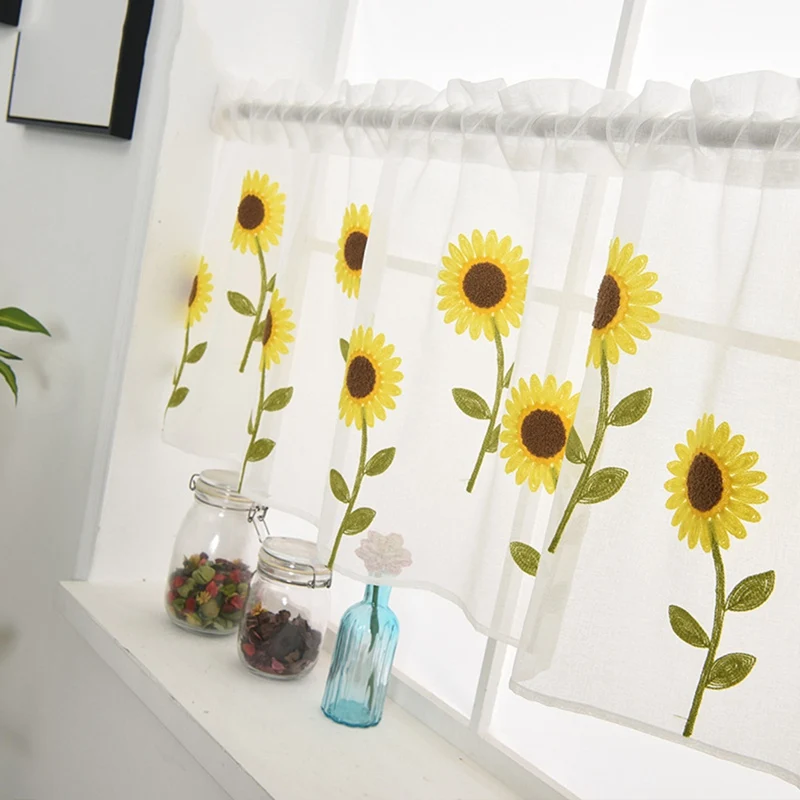 New Arrival 1 Piece Embroidered Sunflower Kitchen Curtain Short Window Curtain Cafe Valance Dining Room Decorative Curtain