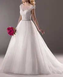 Vestido де noiva романтический бисероплетение кружева аппликации 2016 новый мода горячие casamento cap рукавом длинные свадебные платья невесты платья