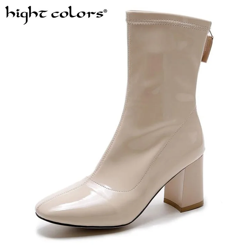 

2019 autumn and winter new patent leather bright leather boots thick with square high-heeled mid calf boots women's shoes