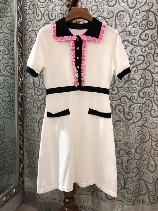 

Summer 2019 New Women's Coloured Small Turn-lapel Decorative Symmetrical Pocket Short Sleeve Dress
