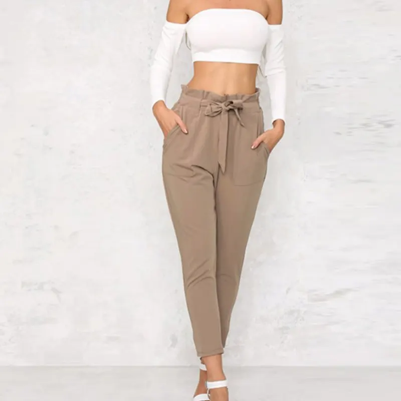 

Casual Women High Waist Pants Bow Tie Drawstring Sweet Pockets Trousers