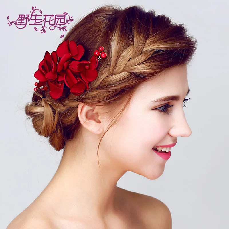 Flower bride headdress Red, ornaments hair pins, accessories handmade hair comb, Wedding Jewelry Wedding