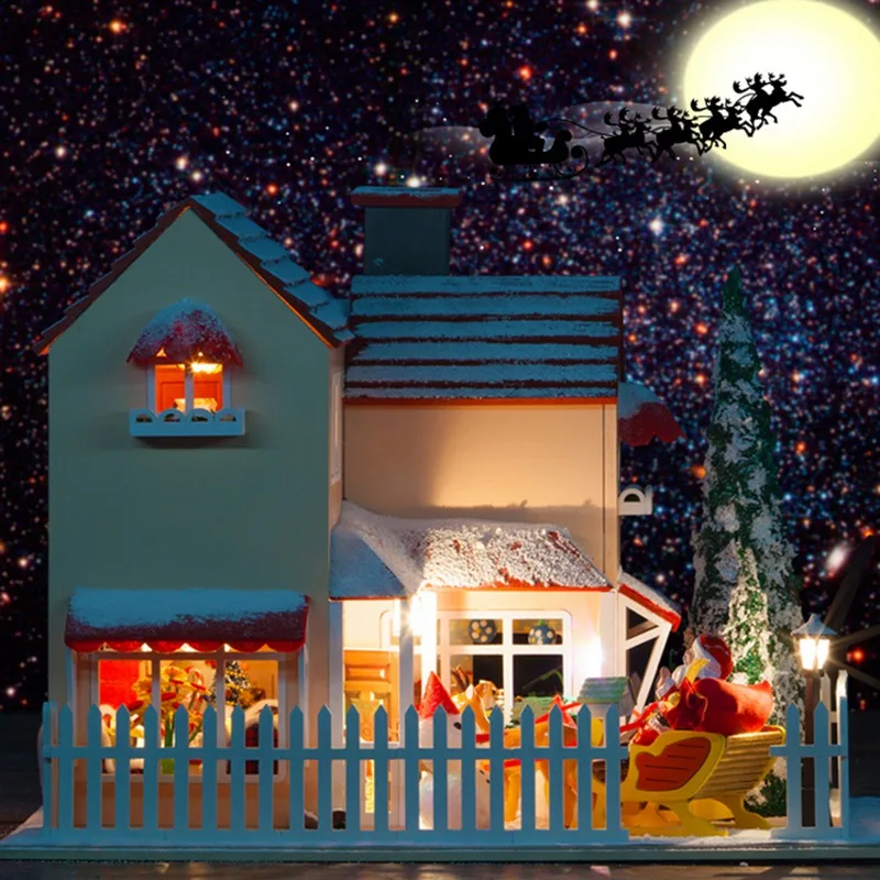 

Handmake DIY Wood Dollhouse Miniature With LED Furniture Cover Christmas Eve Best Gift