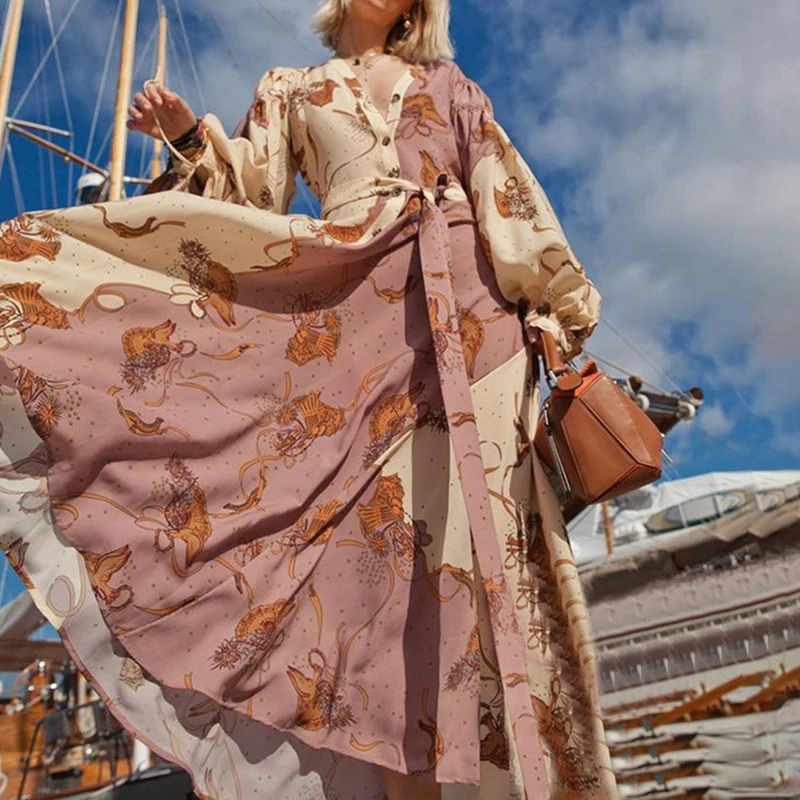 

Fashion Newest Stylish 2019 Summer Runway Designer Dress Women's Lantern Sleeve Color Block Floral Print Midi Dress