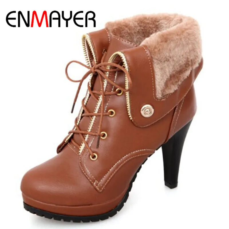 

ENMAYER snow boots Soft PU leather size 34-43 Black Fashion women riding Ankle boots, 2015 winter woman Lace-up shoes boots