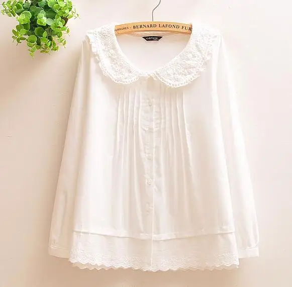 XS-4XL- белая кружевная рубашка с длинными рукавами и круглым отложным воротником, блузка mori girl