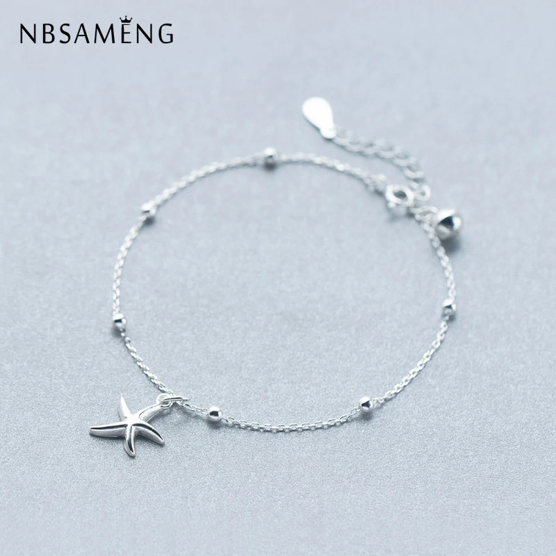 

NBSAMENG 100% 925 Sterling Silver Bracelet Sea Star Bell Charm Bead Adjustable Bracelets For Women Gift Jewelry