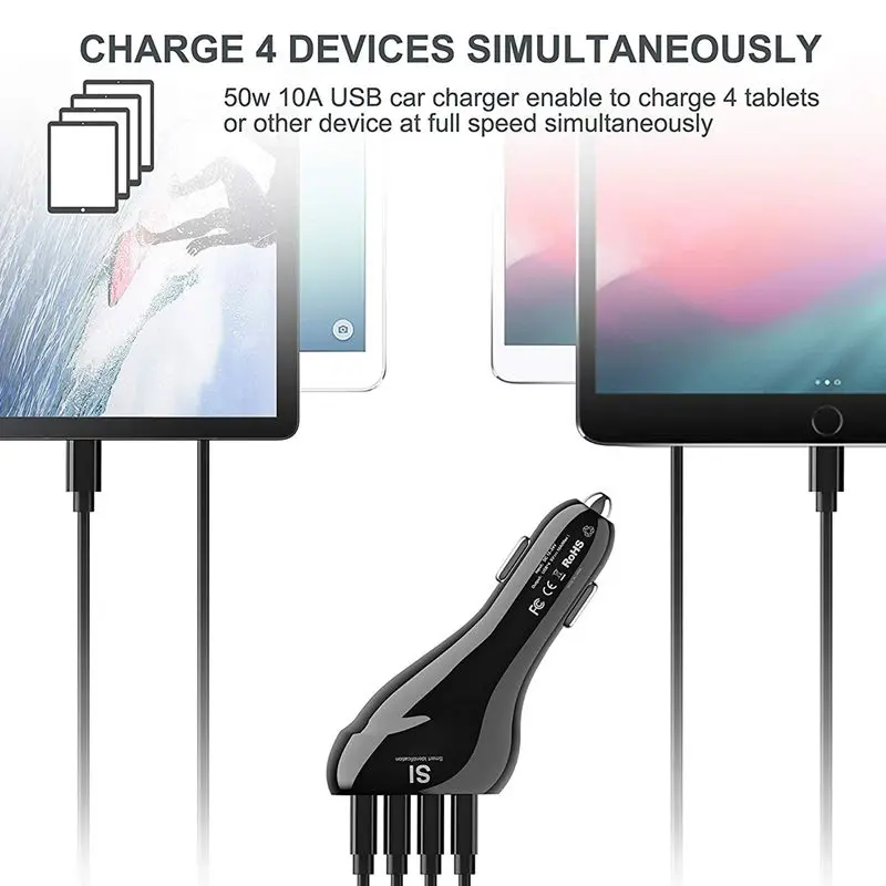 Автомобильное зарядное устройство 50 Вт 10A 4 портовое Usb с умным распознаванием для