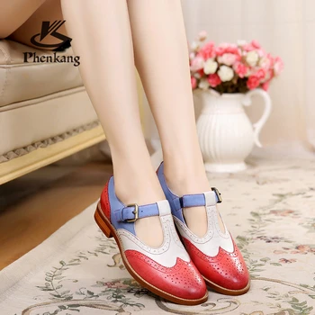 

Genuine leather brogues designer yinzo vintage flats shoes handmade green red yellow oxford shoes for women 2020 spring summer