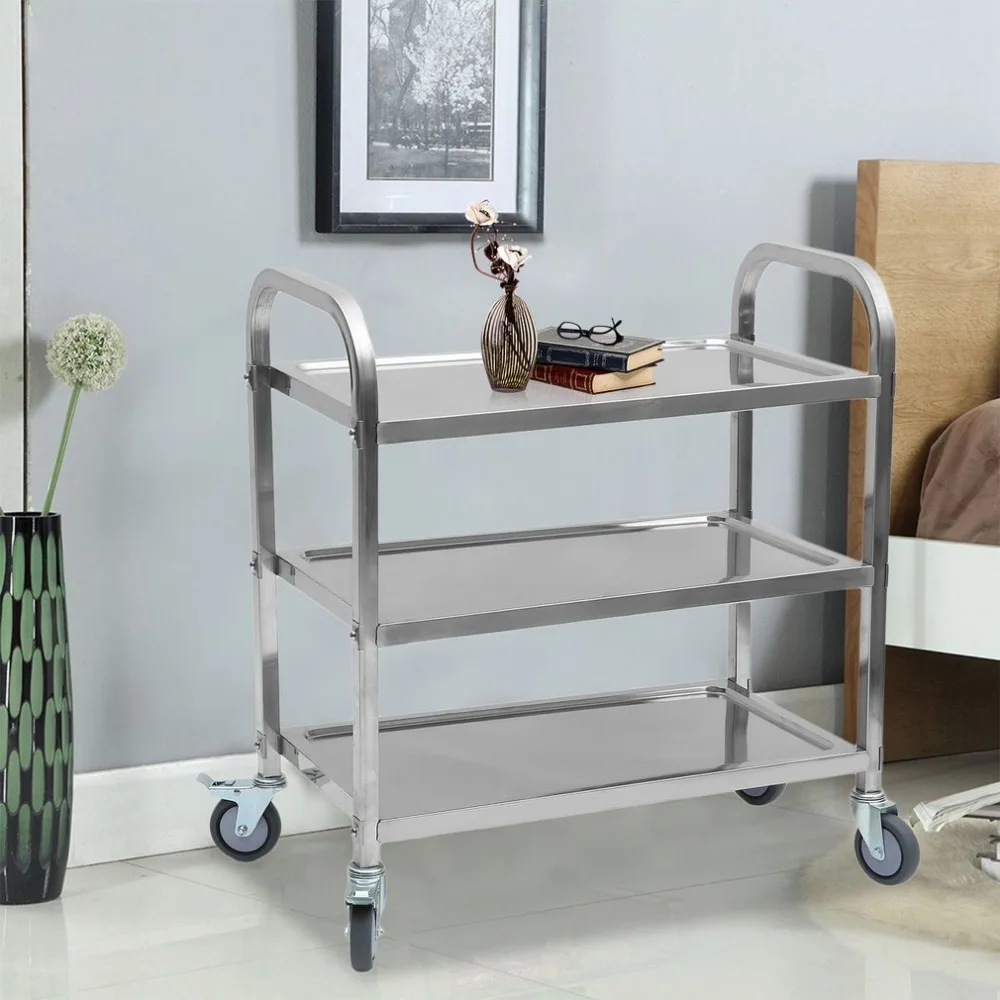 

Home Restaurant Kitchen Catering Serving Trolley Cart 3-Tiers Stainless Steel Organizer Container Rolling Trolley Storage Cart