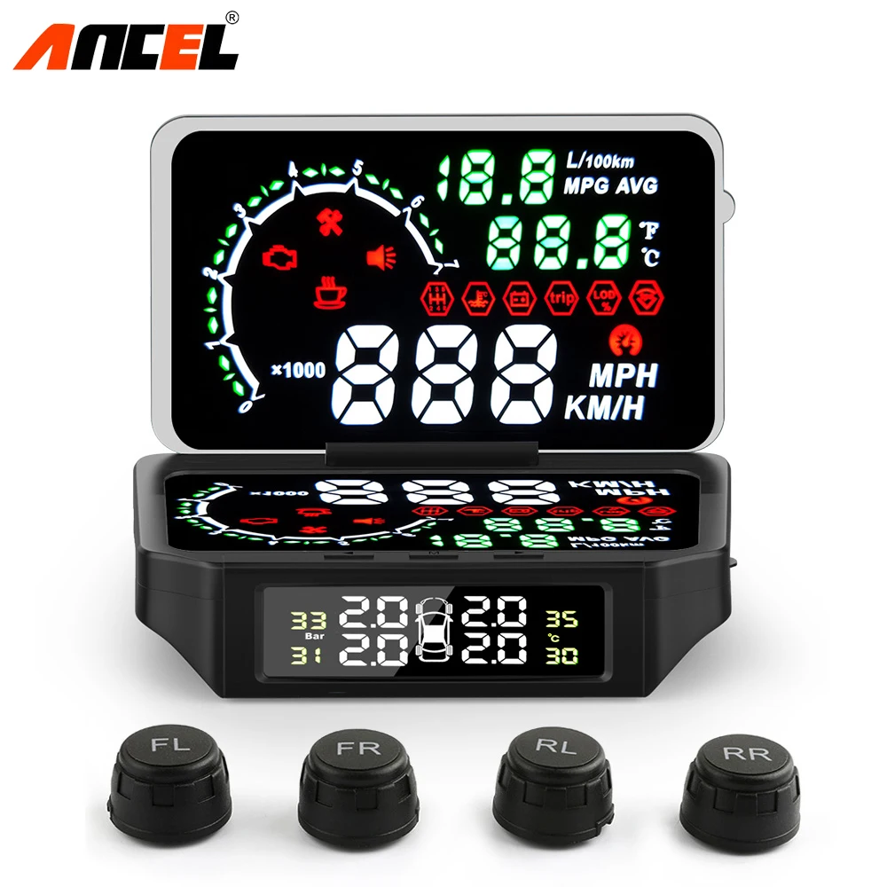 

Ancel Enhanced OBD2 Car HUD Head Up Display TPMS Alarm Tire Pressure Monitoring System Speed Temperature Fuel Consumption OBD 2