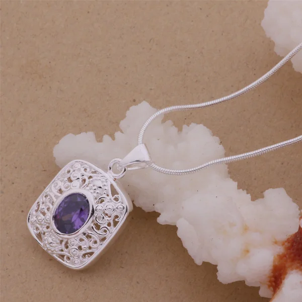 

AN090 925 stearling silver Necklace 925 silver fashion jewelry pendant rhombus purple stone /atiajkpa aegaivna