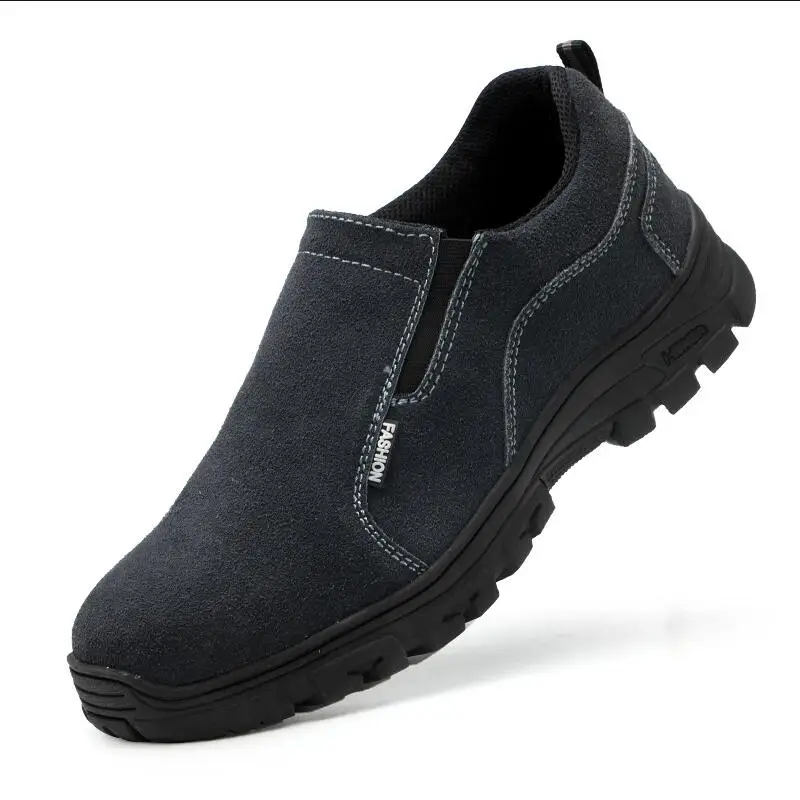 

mens fashion large size steel toe cap working safety shoes cow suede leather platform sneakers slip-on tooling security boots