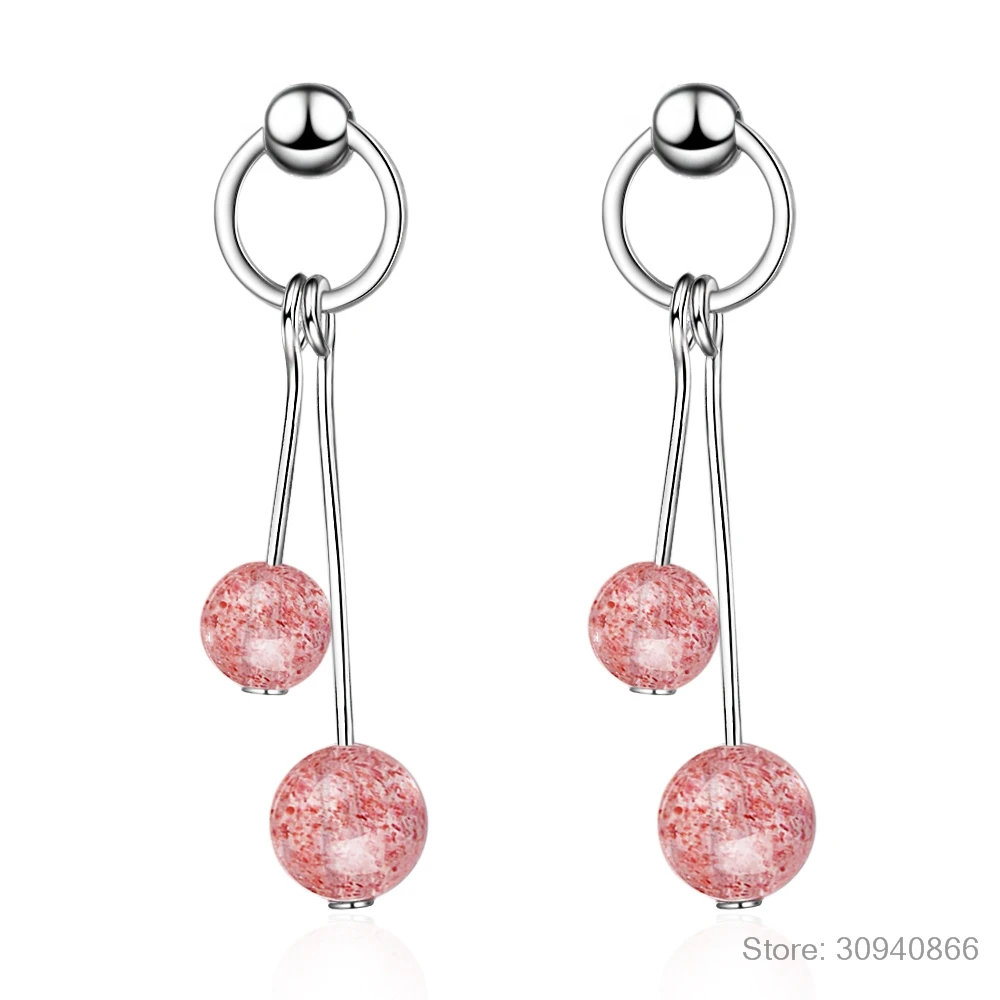 

2019 Sweet Simple Circle Natural Strawberry Crystal Tassel Earrings 925 Sterling Silver Earrings For Women S-E140