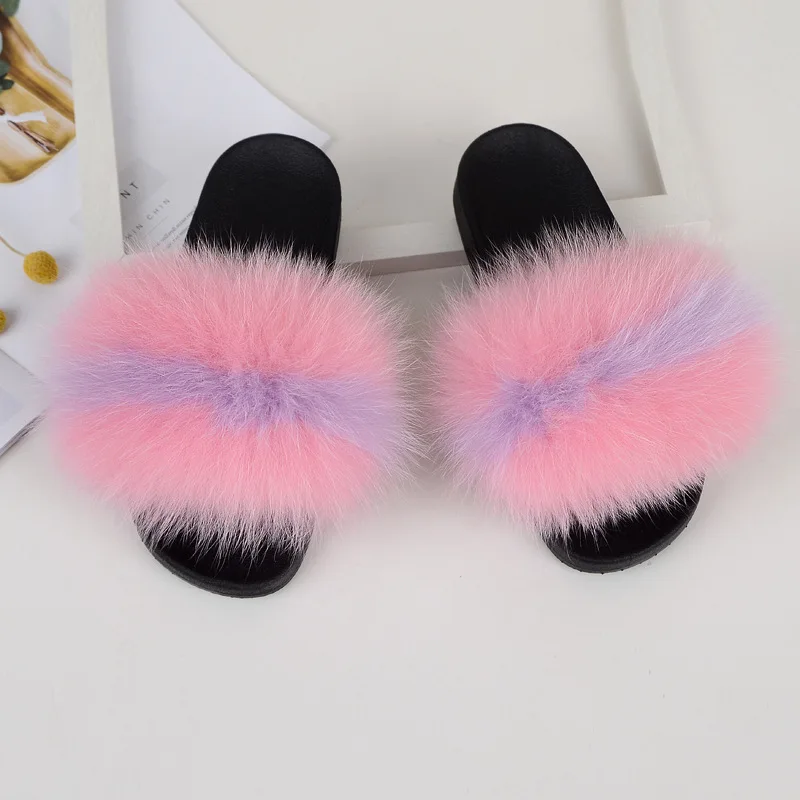 New Mixed Color Real Fox Fur Slippers Slides Casual Shoes Fluffy Slippers Flip Flops Furry Shoes Women