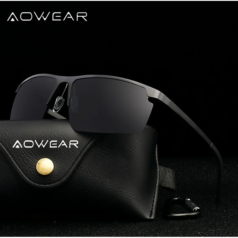 Мужские зеркальные солнцезащитные очки AOWEAR поляризационные без оправы из натурального алюминия степень