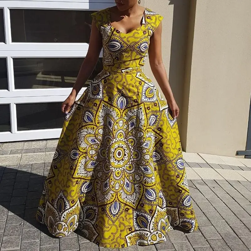 

Women Backless Sexy Maxi Dresses Elegant African Robe Big Swing Floral Print Lace Up Summer Sleeveless Party Long Dress Female