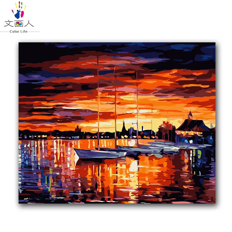 

abstract seascape painting by numbers sunset Russia harbour coloring by numbers on canvas painting for Living room wall decor