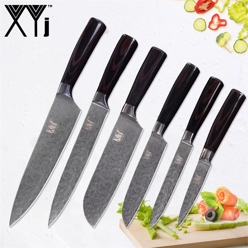 

XYj Stainless Steel Kitchen Knife Tools Set Damascus Veins Chef Slicing Santoku Utility Fruit Knife Cooking Knives Accessories