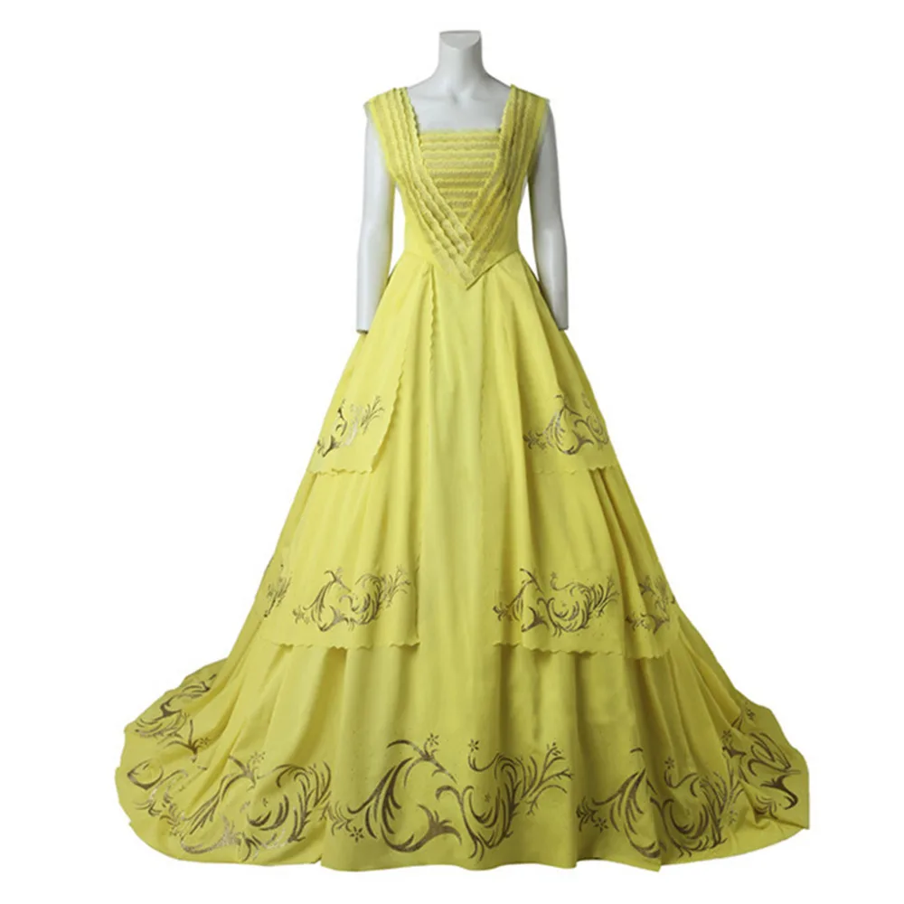 

Beauty and the Beast Princess Belle Dress Women Wedding Party Carnival Yellow Flicker Maxi Sleeveless Dress With Bustle