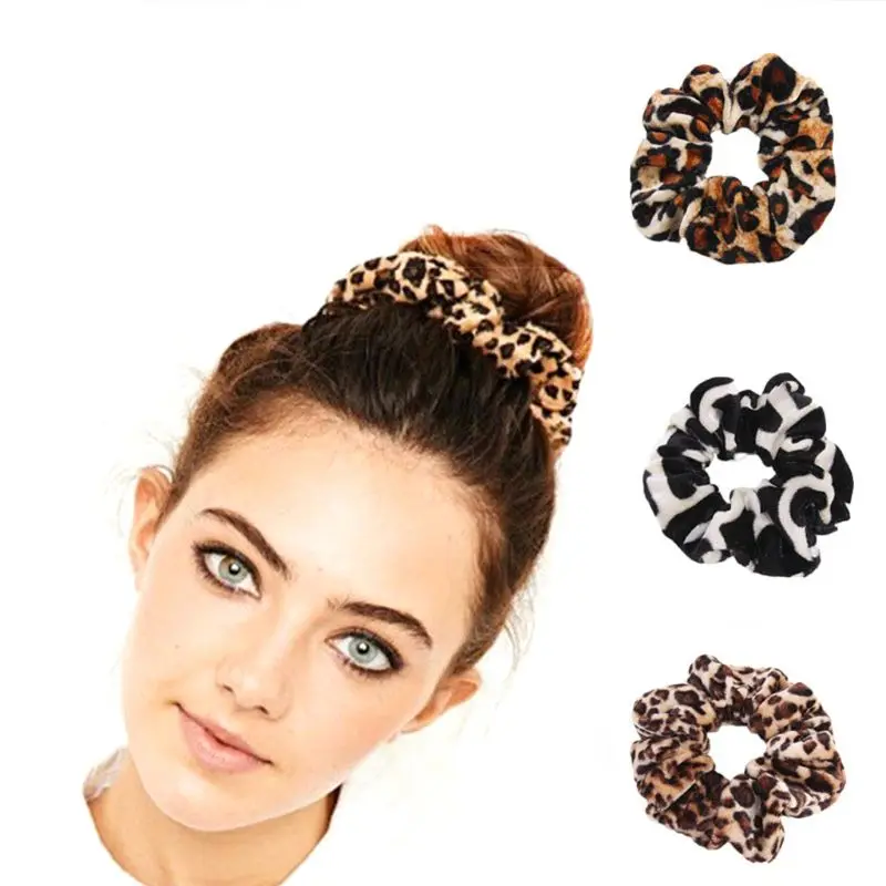 

1Pc Women Winter Elastic Rubber Band Soft Leopard Milk Cow Printed Pleuche Velvet Cloth Hair Ring Ponytail Holder Large Scrunchi