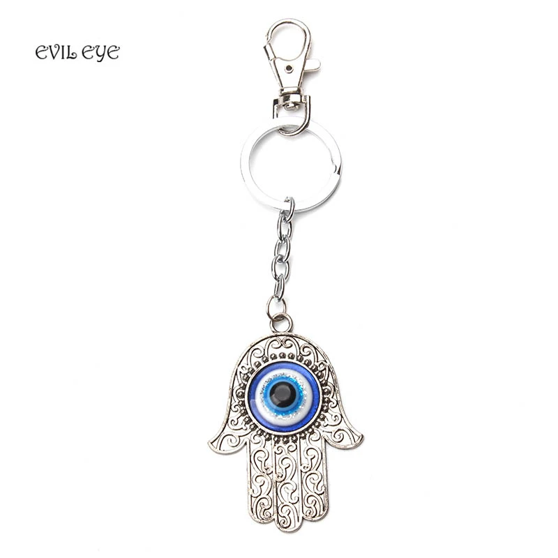 Evil Eye fashion Blue evil eye Keychain Hamsa Hand Charm Embossing Hollow Pattern Metal Pendant